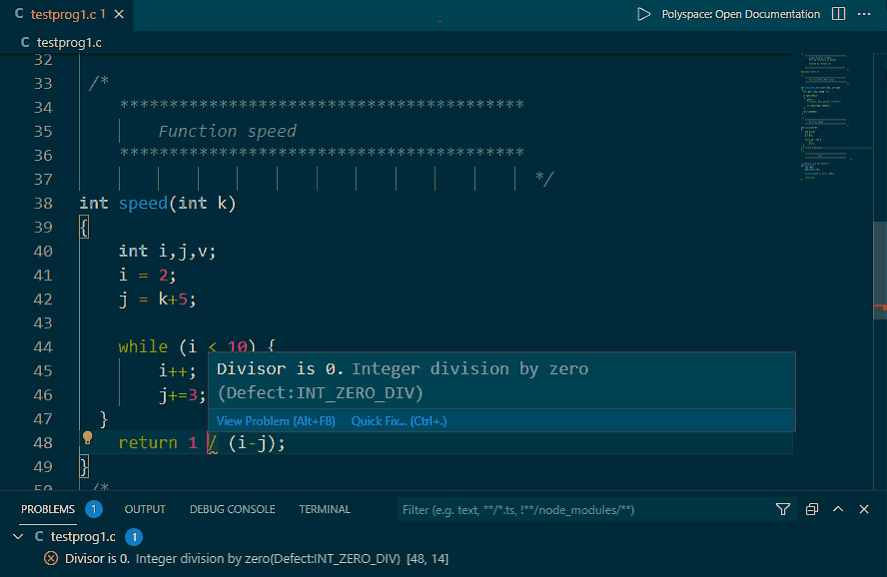 Detecting coding errors using the Polyspace as You Code plugin in Visual Studio Code.