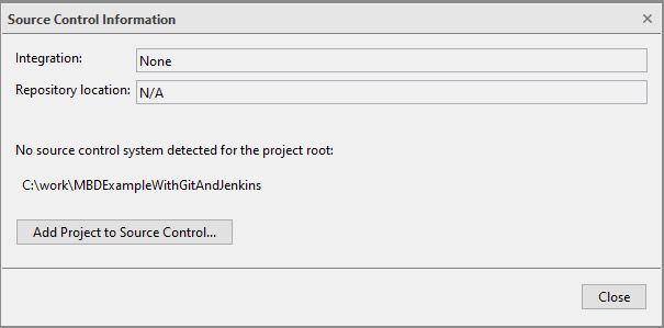 A screenshot of the Source Control Information pop-up. Integration is set to none and the repository location is not applicable. It states no source control system detected for the project root and has a button saying add project to source control.