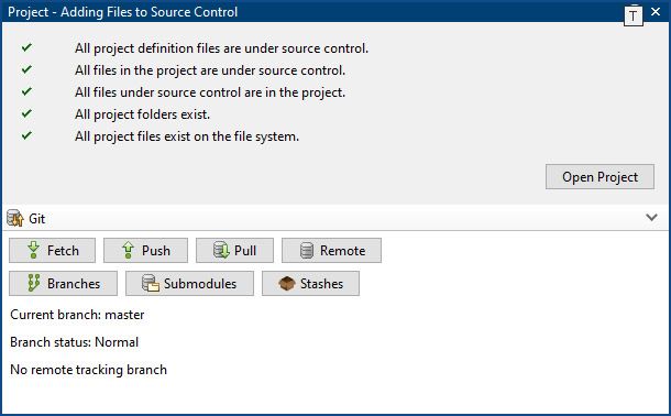 A screenshot showing files being added to Source Control. The files have passed all checks and an ‘open project’ button is present. A Git menu with several buttons and logistics appears.