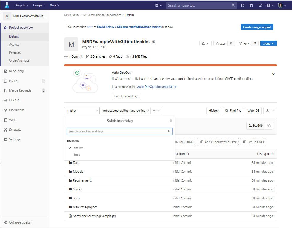 A screenshot showing the GitLab dashboard. The test branch is selected, and corresponding contents of the branch are shown.