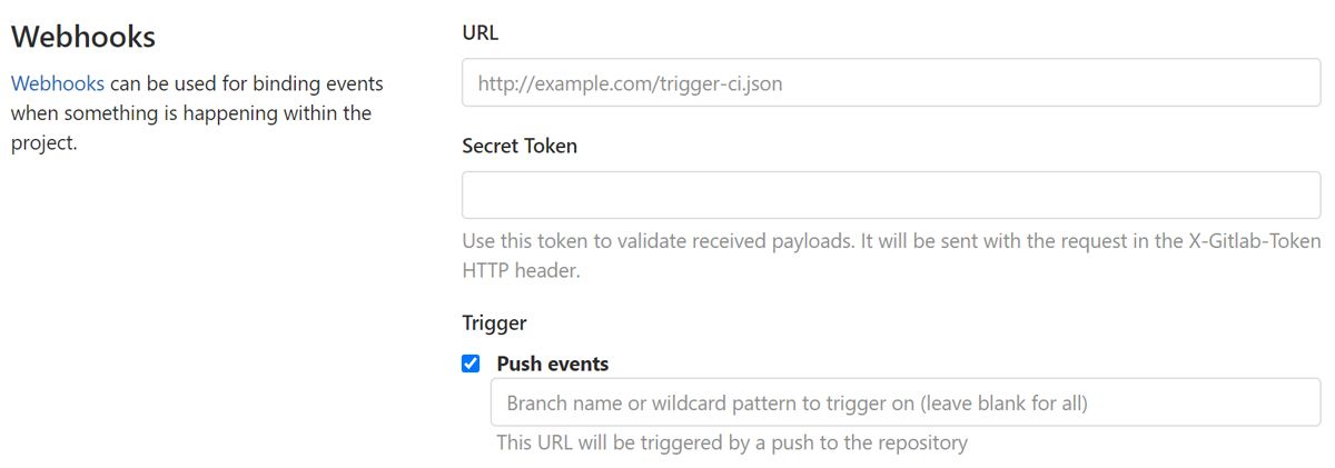 A screenshot of the Webhooks pop-up with the U R L form filled in, Secret Token field unfilled, and ‘Push Events’ checked off under ‘Trigger’ with a form to fill in the Trigger.