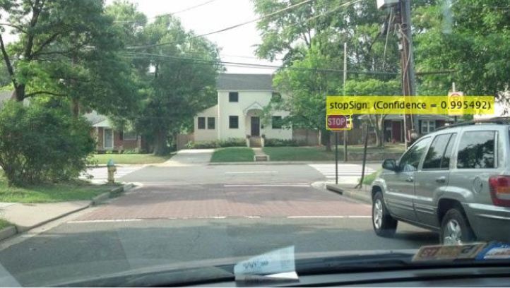 View from the driver of a stop sign surrounded by a yellow bounding box and label that reads “stopSign: (Confidence = 0.995492)&quot;.
