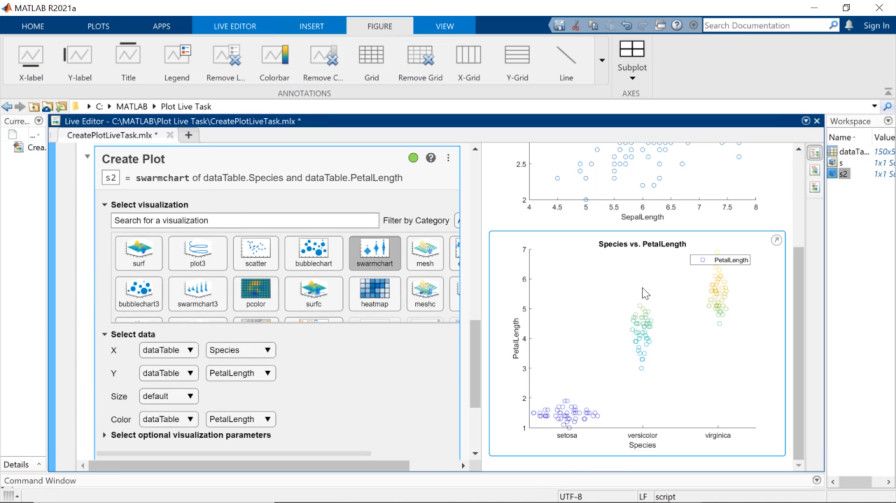 Quickly create plots and visualizations in MATLAB without having to write any code. Pick from suggestions that update based on your selected data, or use the Create Plot Live Editor task for an interactive, guided experience.