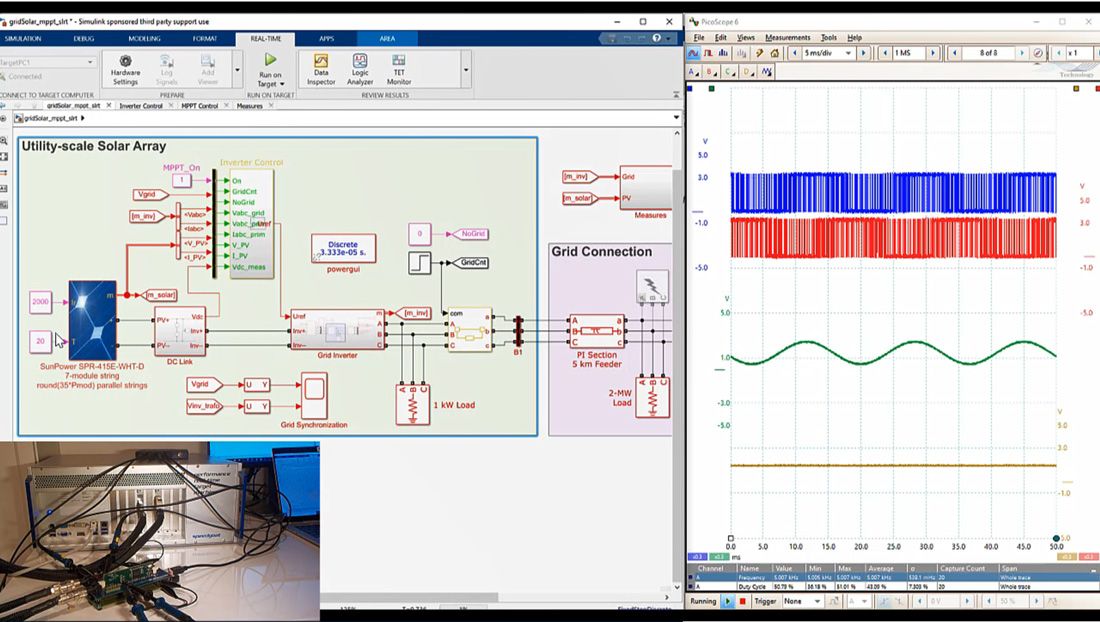 A side-by-side demonstration showing the Simulink model, the switching behavior from the simulation output, and the hardware setup for testing power electronics control design.