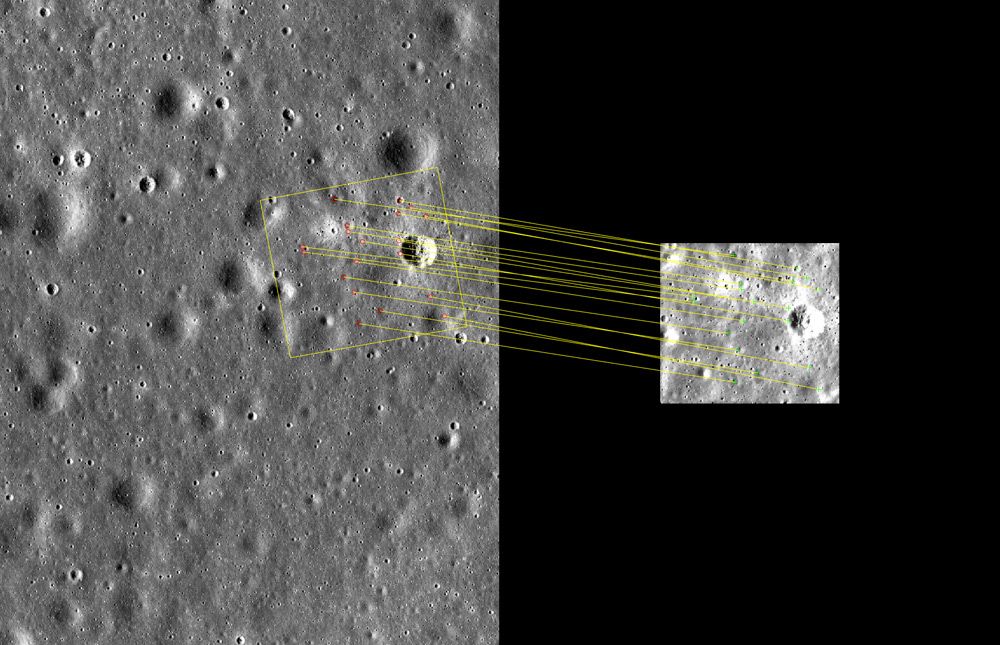 A moving spacecraft image of a crater with lines showing how the features in the moving image map to the same features in a reference image.