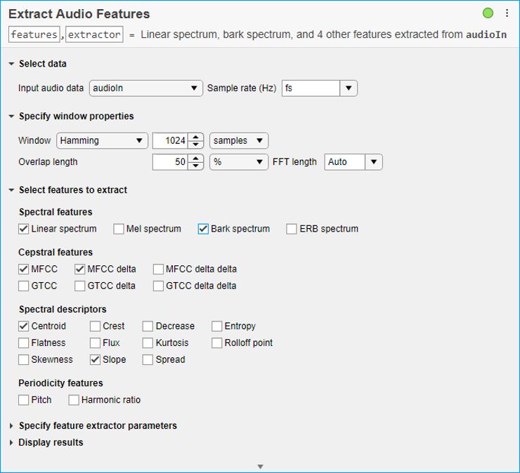 Screenshot of the Extract Audio Features task, which enables you to configure an optimized feature extraction pipeline.