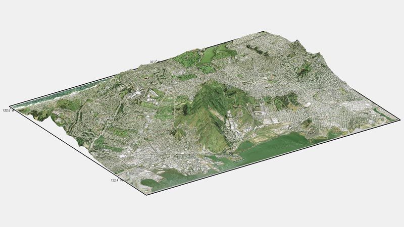 A composite 3D map of San Francisco created with functions in Mapping Toolbox.