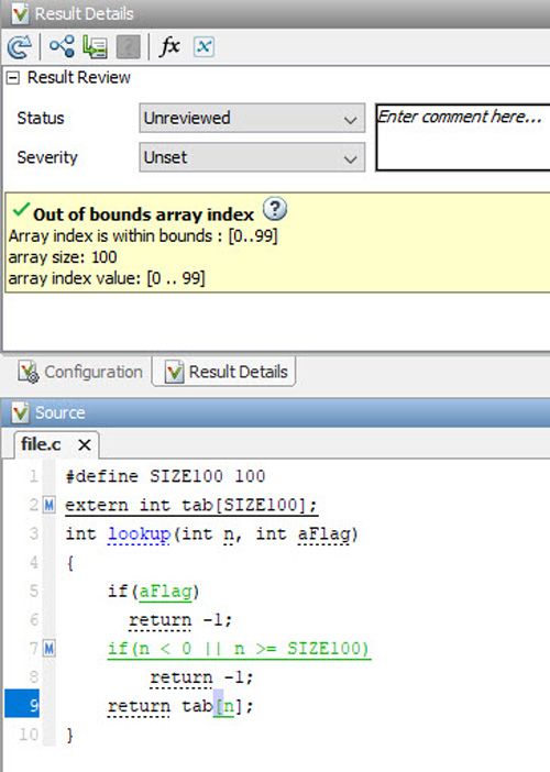 Out-of-bounds array index checking using Polyspace Code Prover.