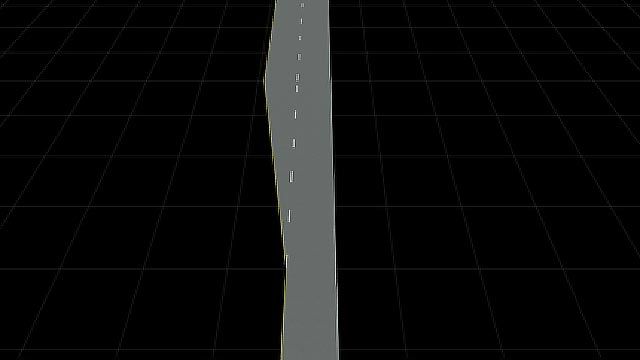 Two-lane road with a dotted white line built programmatically using RoadRunner Scene Builder. 