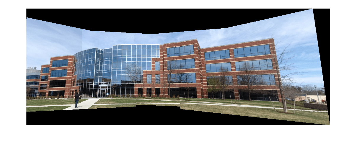 A panoramic image of one of the buildings on the MathWorks Apple Hill campus.
