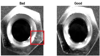 Two side-by-side images of nuts, the tool, one good and one bad. The bad one has a red box around a grainy part of the image.
