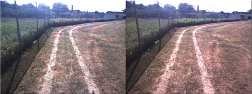 Two images of the same fenced area. The first one has points circled in red and the second has those same points circled in green.