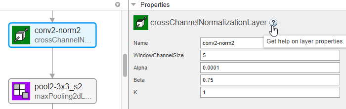 Cross channel normalization layer selected in Deep Network Designer
