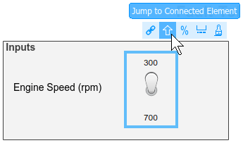 The action menu for the Toggle Switch block is expanded. The Jump to Connected Element button is the second button from the left and has an image of the arrow