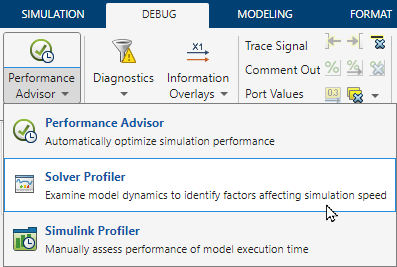 On the Debug tab, the Performance advisor list is expanded with the pointer paused on the Solver Profiler option.