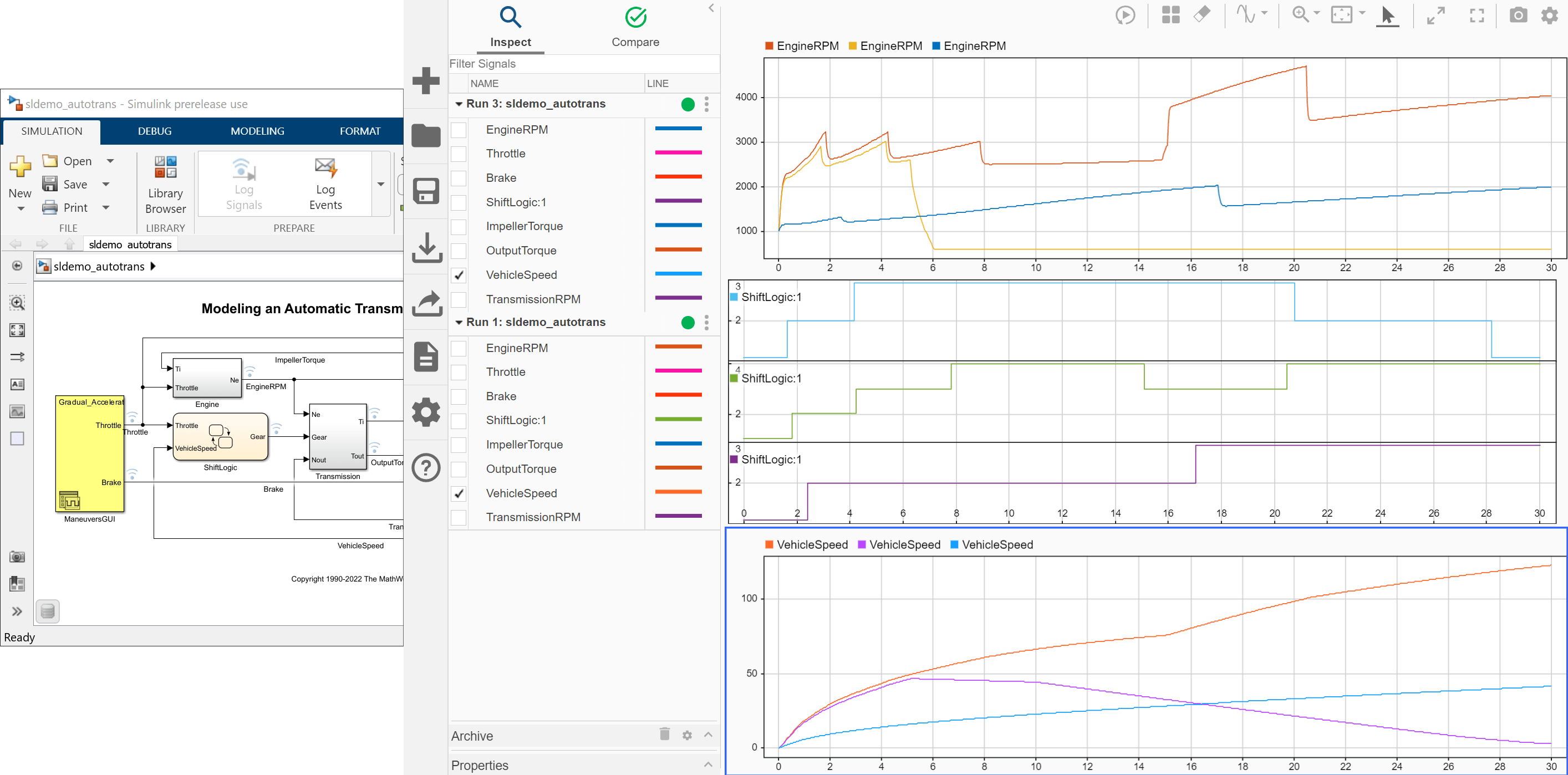 The Inspect pane of the Simulation Data Inspector shows three subplots. The subplots show time plots of data gathered from three runs of the model sldemo_autotrans. The first subplot shows the EngineRPM signals from all three runs. The second subplot shows the ShiftLogic signals from all three runs. The third subplot shows the VehicleSpeed signal from all three runs.